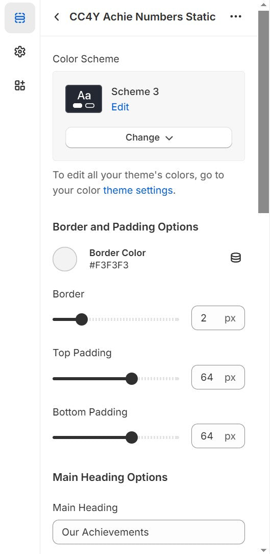 Options for Color Scheme, Border and Padding, and Main Heading in the Achievement Static Numbers section.