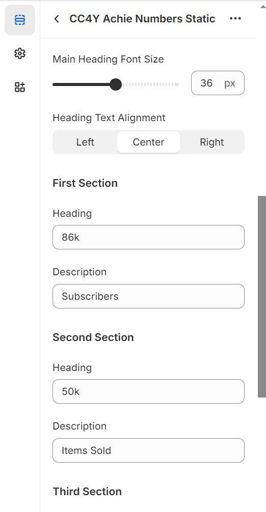 Options for First Section and Second Section in the Achievement Static Numbers section.