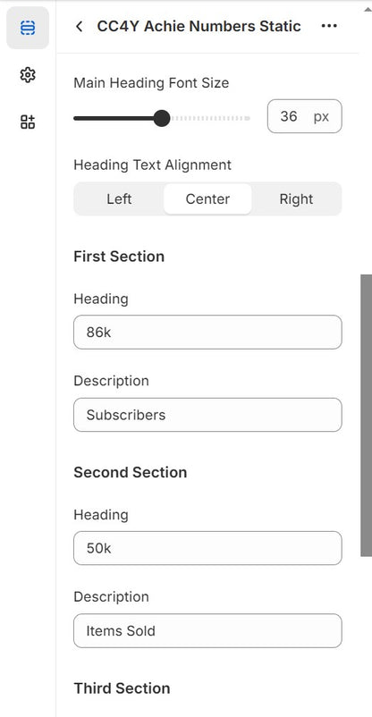 Options for First Section and Second Section in the Achievement Static Numbers section.