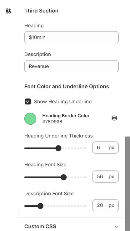 Options for Third Section, Font Size, and Underline in the Achievement Static Numbers section.